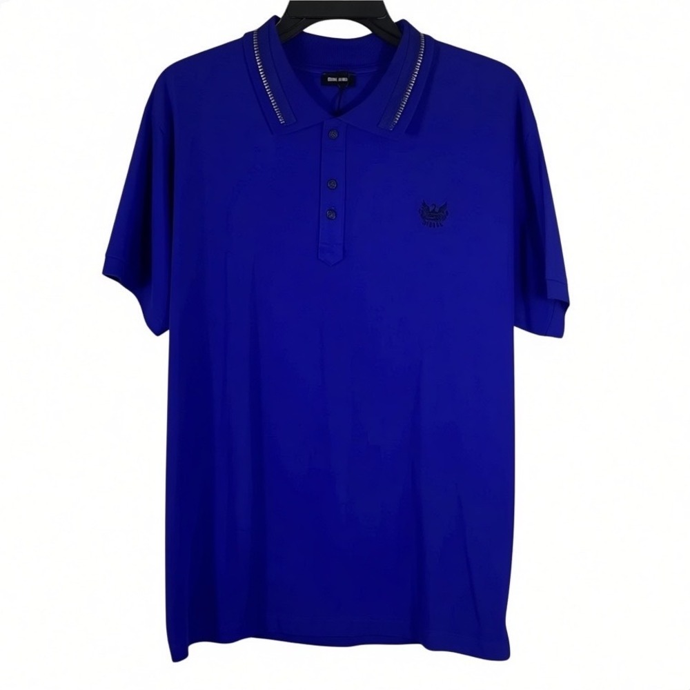 Diesel Men's Blue Zipper Collar Embroidered Logo Short Sleeve Polo Shirt NWT